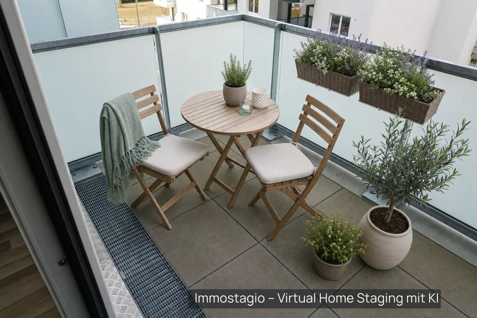Balkon im Stil „Skandinavisch“: Holztisch mit Klappstühlen, Kräutertöpfe, Pflanzen und helles Geländer.