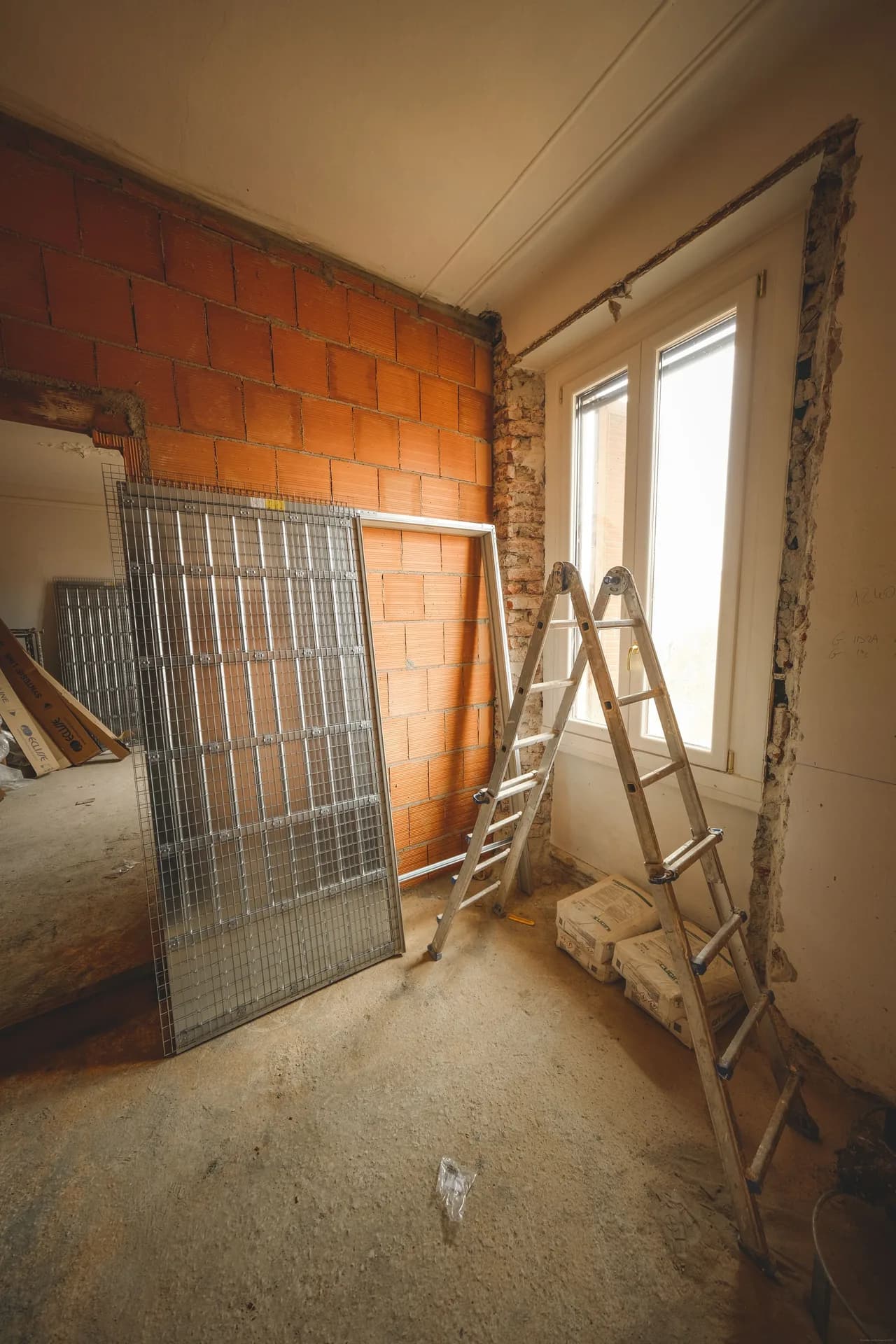 Rohbau eines Raumes vor der virtuellen Renovierung: Ziegelwände, alter Boden und Stehleiter beim Fenster.