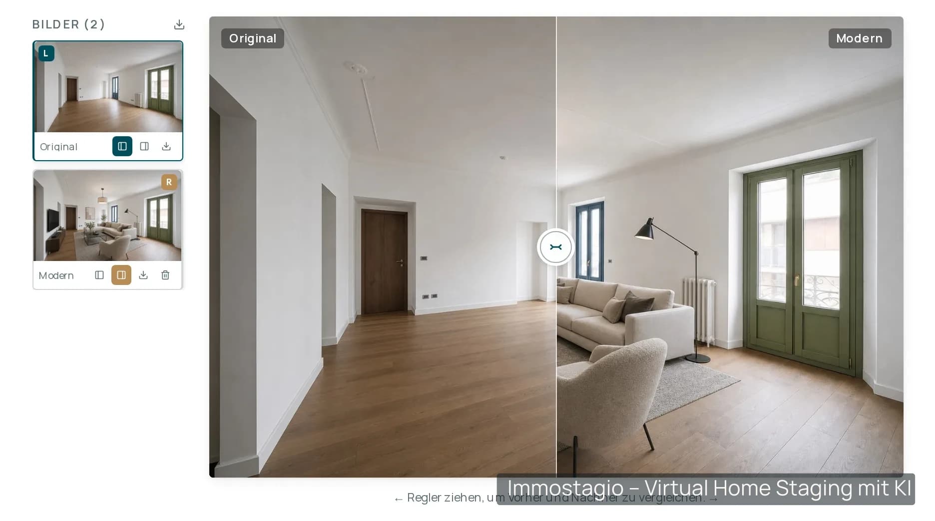 Immostagio-Ergebnisansicht: Vorher/Nachher-Regler einer gestagten Küche mit Schaltfläche „Alle Bilder herunterladen“.
