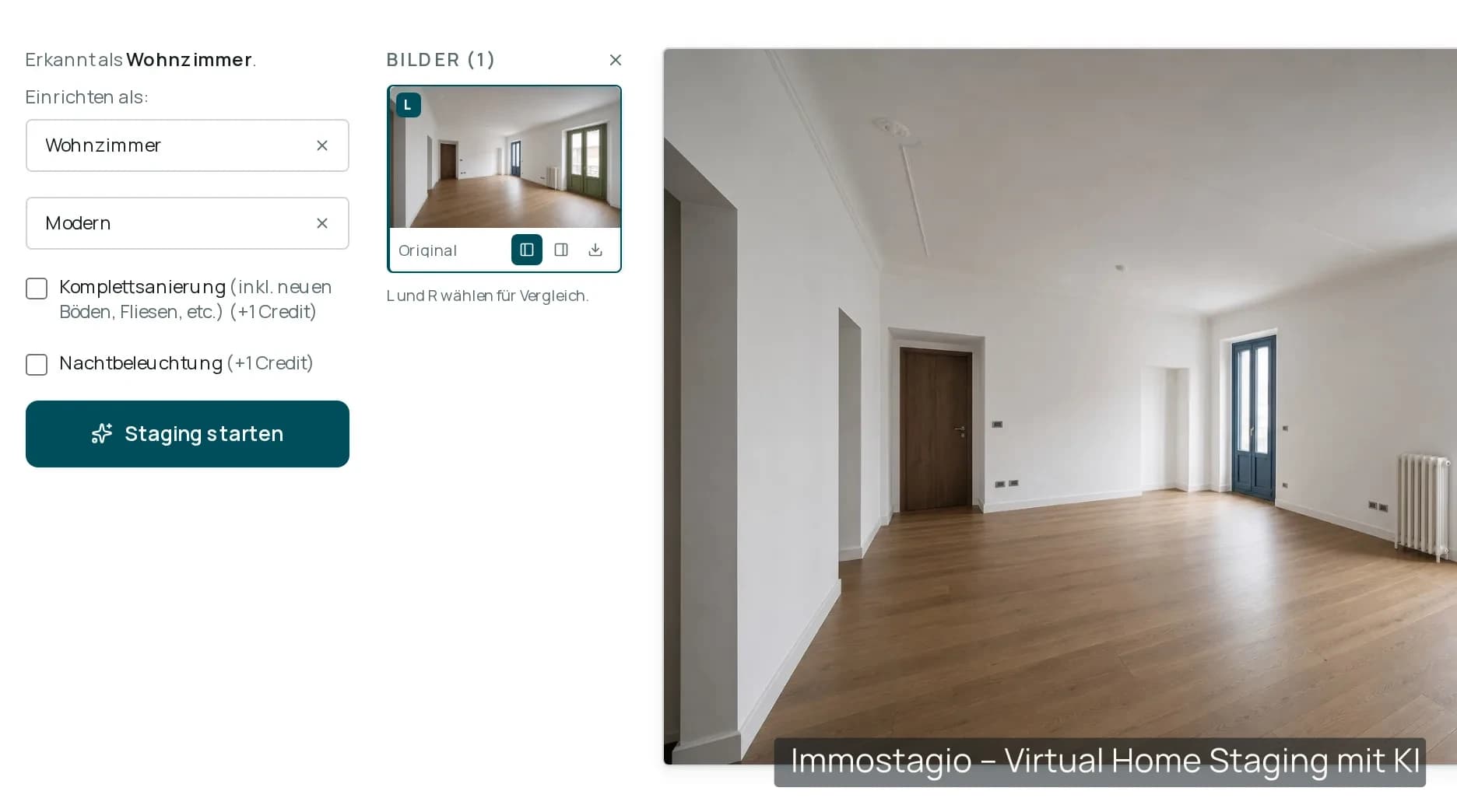 Immostagio-Stilauswahl: hochgeladenes Küchenfoto, automatisch als „Küche“ erkannt, Auswahl von Raumtyp und Einrichtungsstil „Modern“.