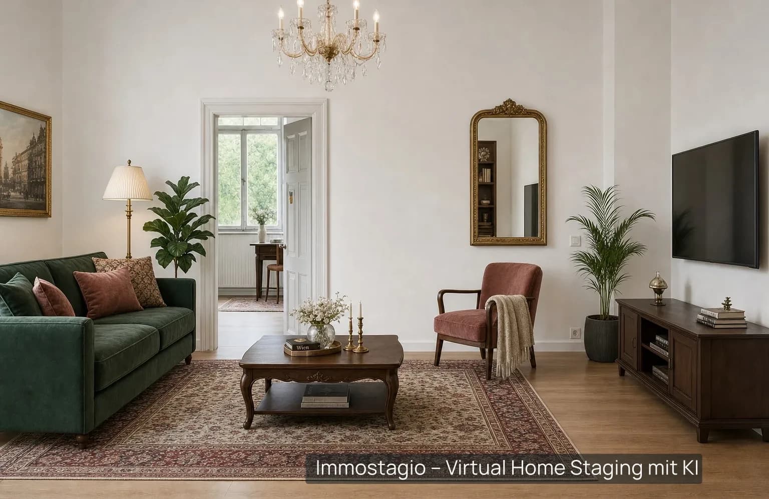 Wohnzimmer im Stil „Altbau“: hohe Wände, hohe Fenster, grüne Samtcouch, rosa Sessel, Perserteppich und Kronleuchter.